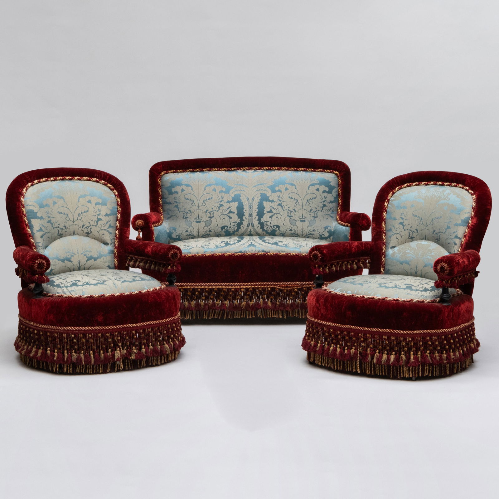 Suite of Late Victorian Damask and Velvet Upholstered Seat Furniture (1 of 19)
