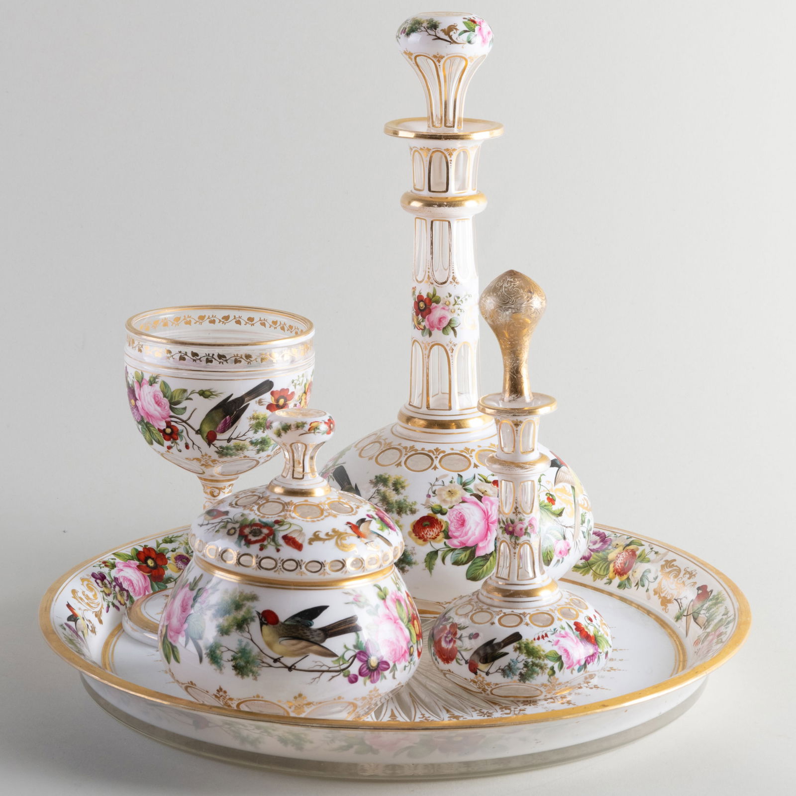 French White Overlay and Enamel Glass Five-Piece Bedroom Set (1 of 13)