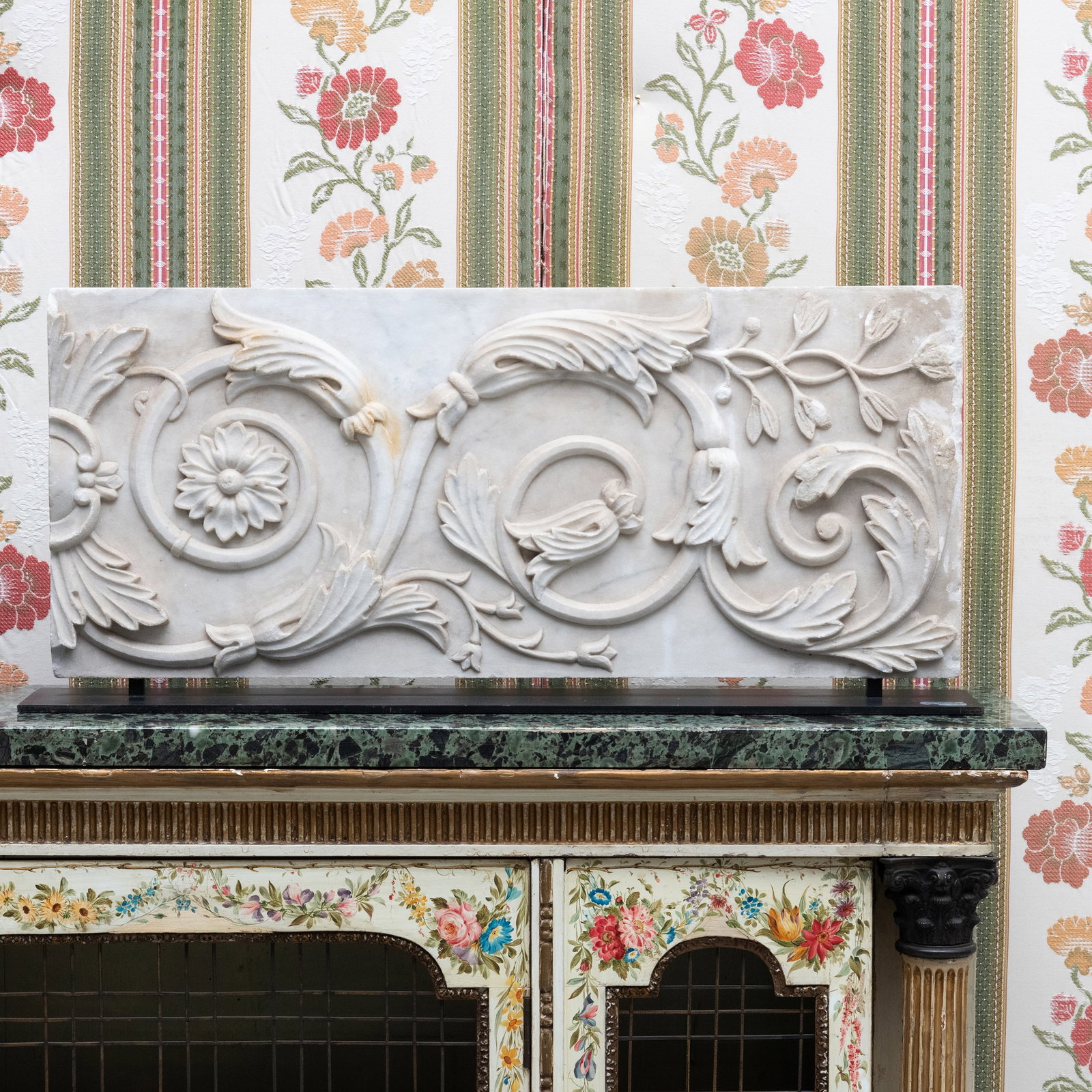 Two Foliate Scrolled Carved Marble Relief Plaques (1 of 3)