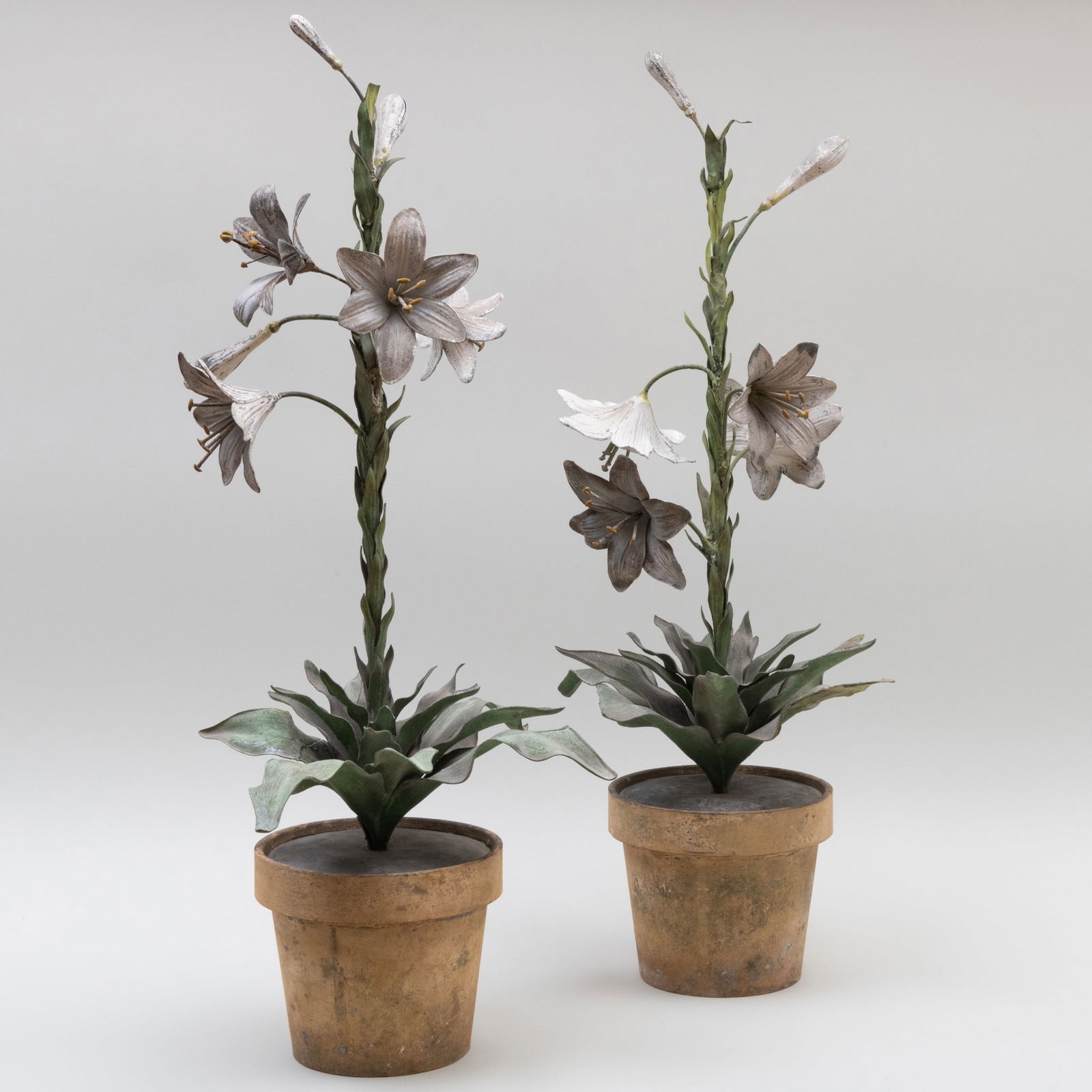 Pair of French Tôle Models of Lillies in Ceramic Pots (1 of 8)