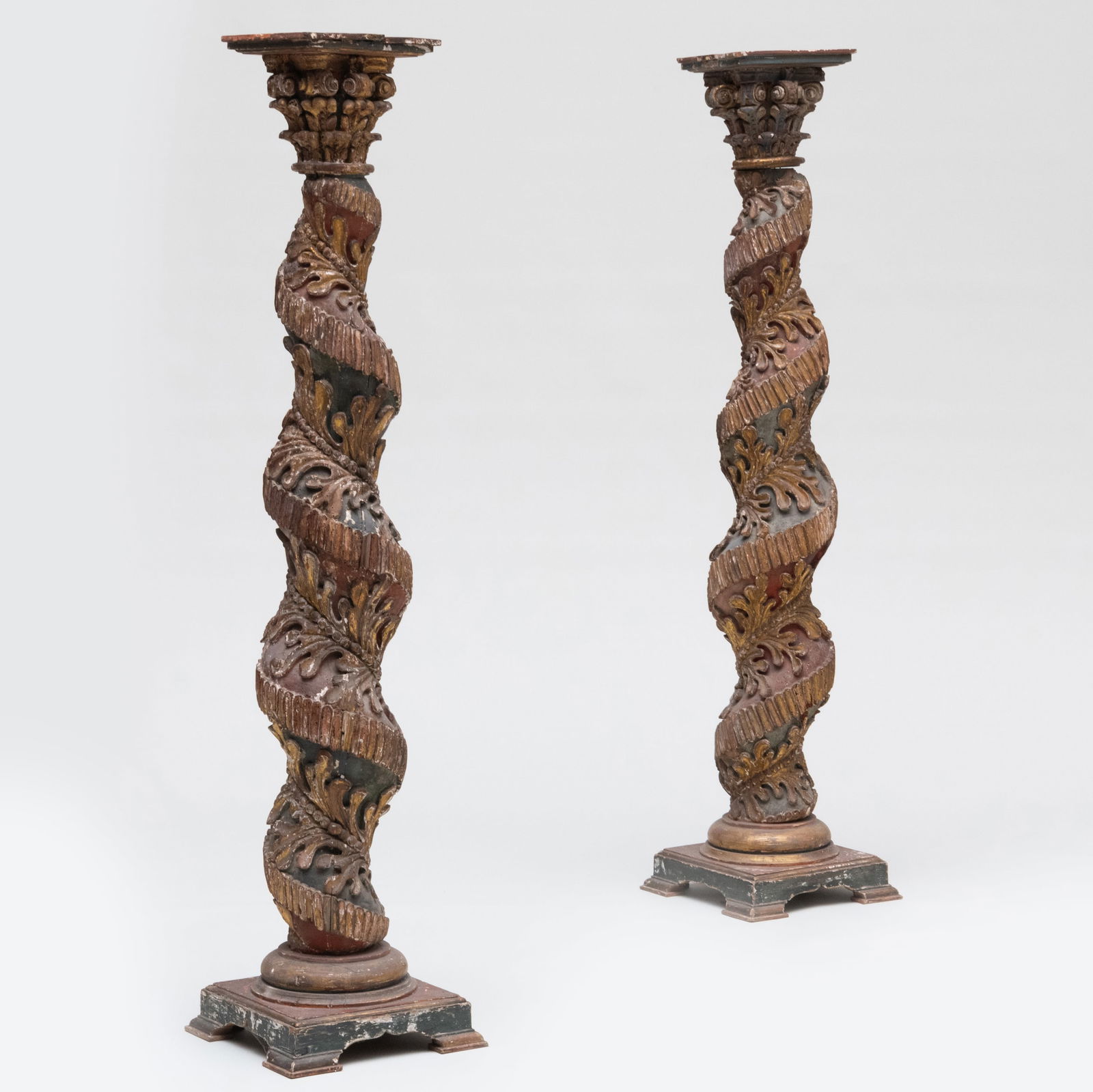 Pair of Continental Painted and Parcel-Gilt Barley-Twist Columns, Probably Italian or Spanish (1 of 12)