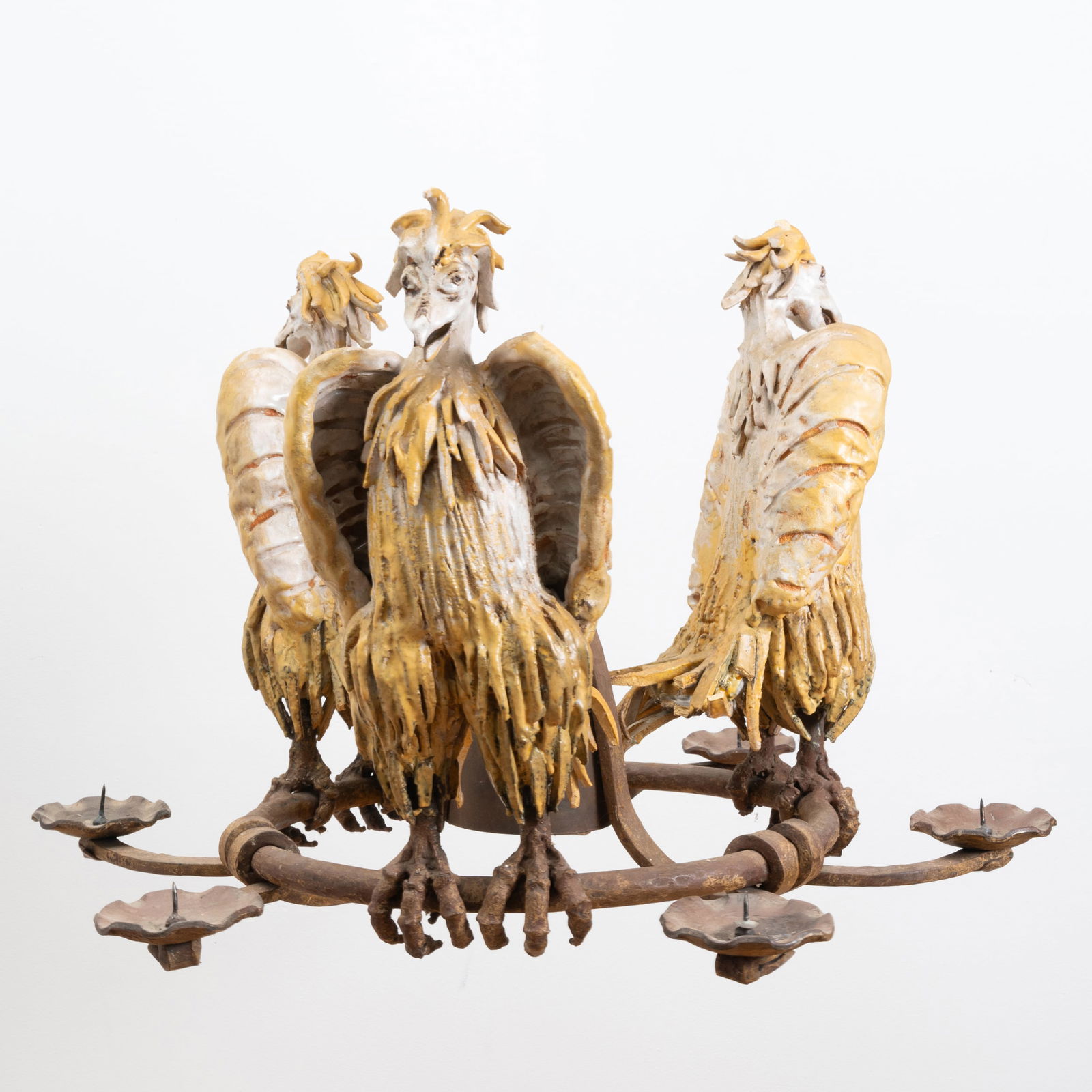 Pair of Unusual Metal-Mounted Painted Earthenware Bird-Form Six-Light Chandeliers (1 of 10)