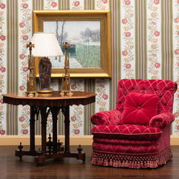 Pair of Red Velour de Lin Tufted Upholstered Swivel Armchairs and Ottomans, by Lelievre, Paris