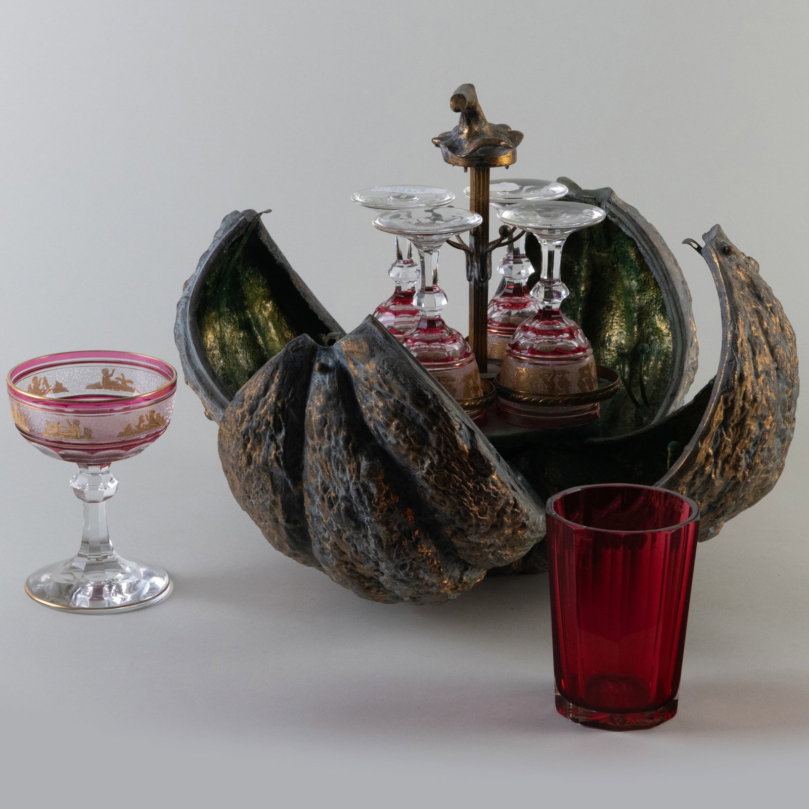 Continental Patinated-Bronze Squash Form Liqueur Set With an Assembled Set of Glassware (1 of 13)