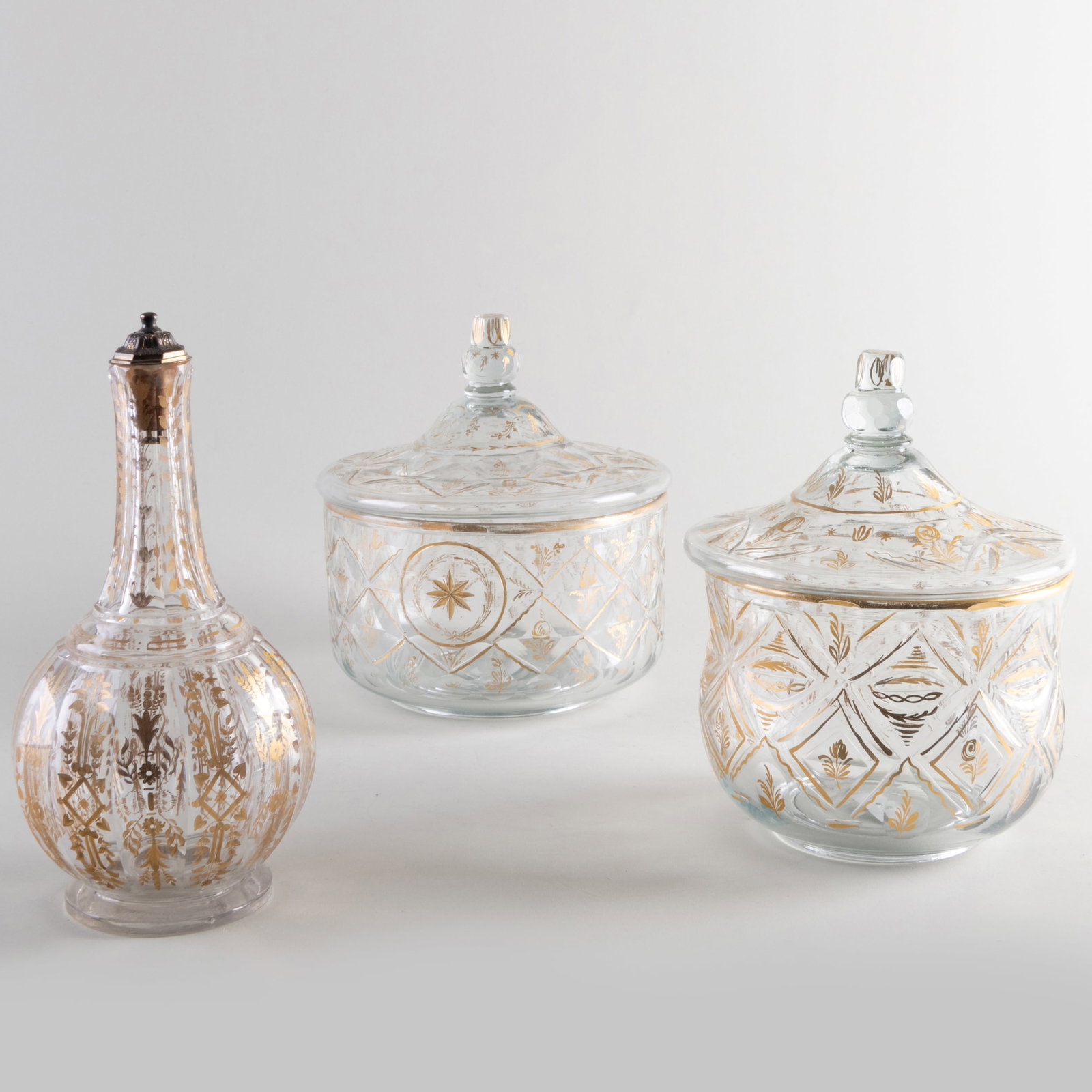 Two Ottoman Gilt-Decorated Glass Beykoz and Covers and Three Turkish Gilt-Decorated Glass Decanters (1 of 9)