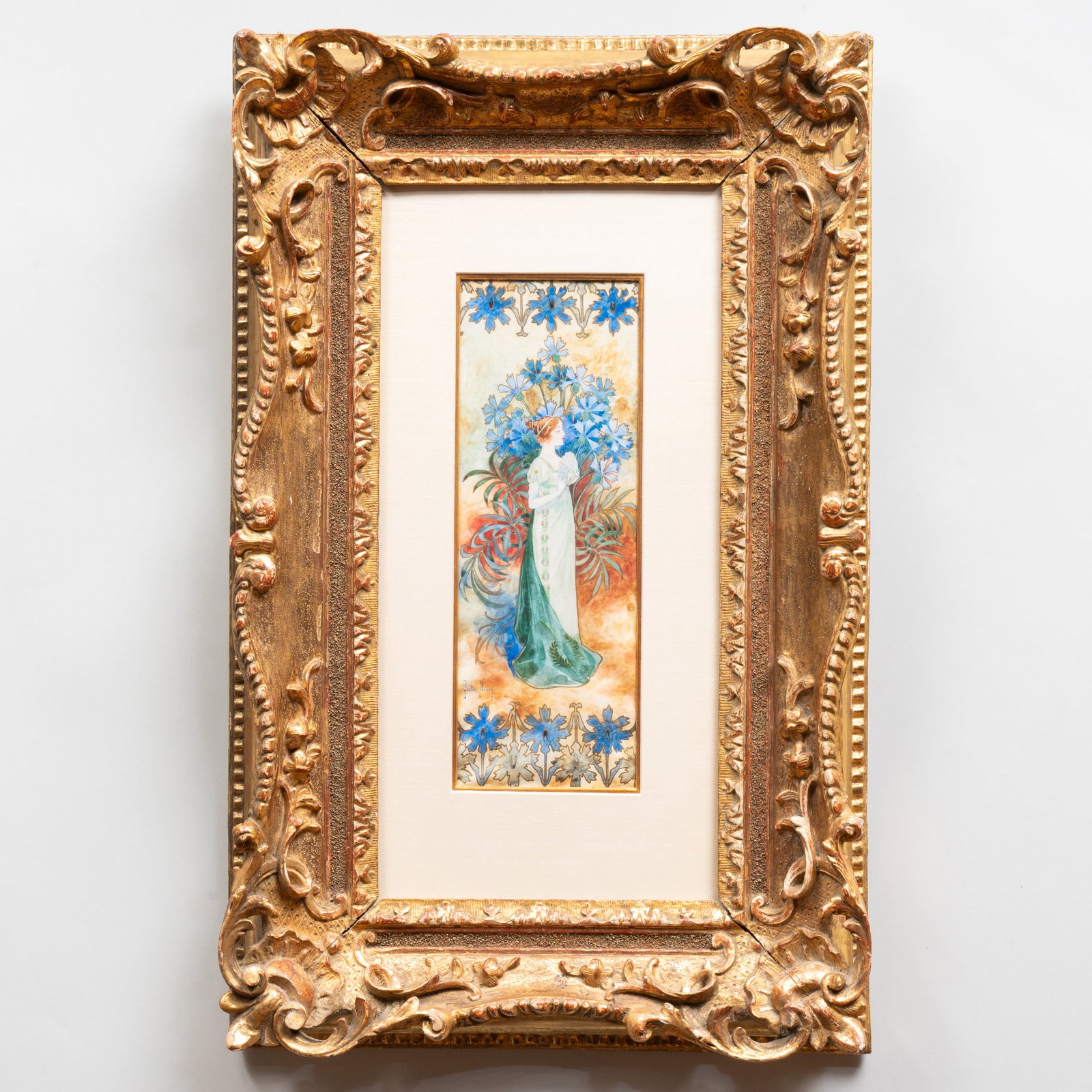 Gaston Noury (1866-1936): An Elegant Lady with a Fan: Gaston Noury (1866-1936): An Elegant Lady with a Fan Watercolor on velum with gold highlights, signed 'Gaston Noury' lower left. 12 3/4 x 4 1/2 in. (sight), 26 x 16 in. (frame). Sold Chr