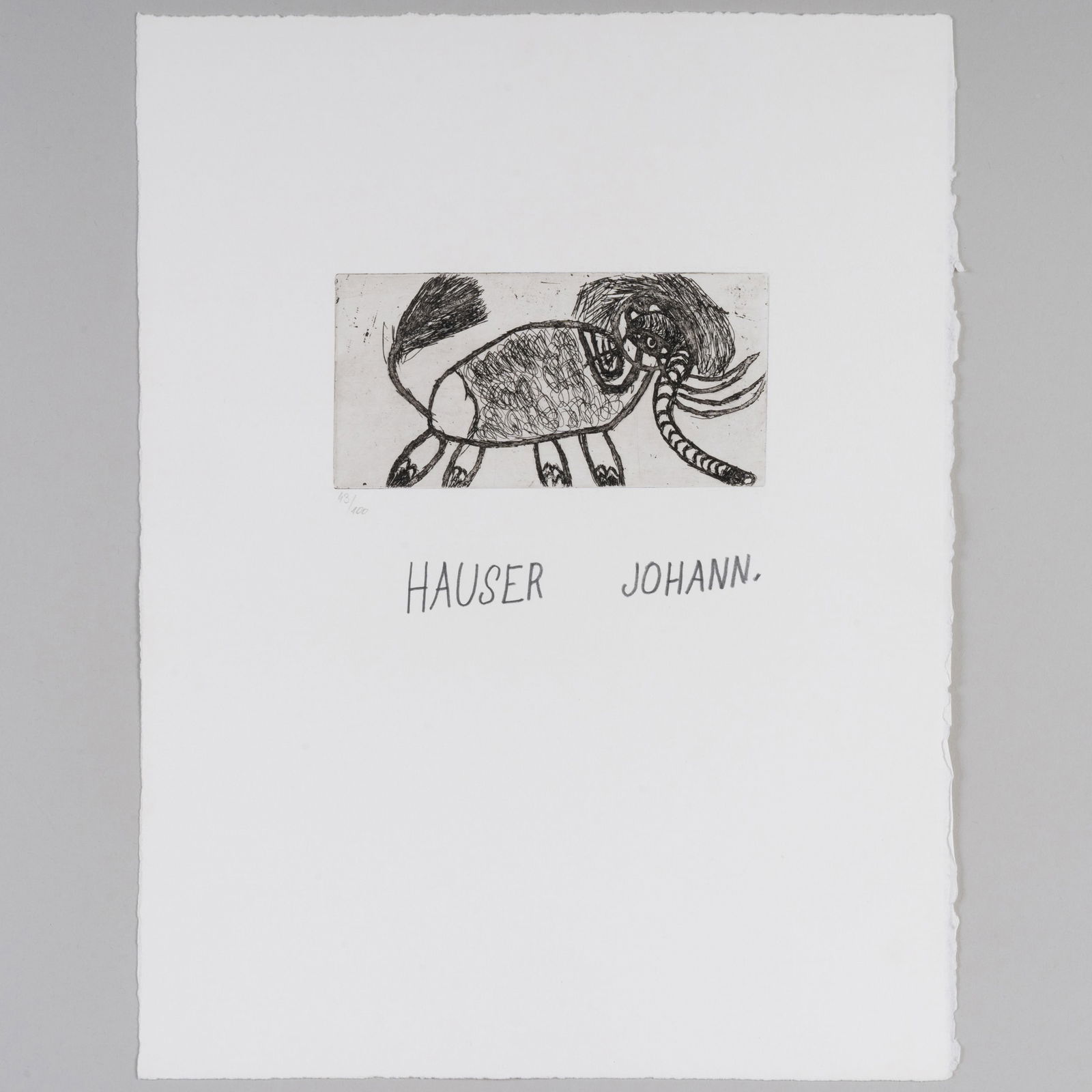 Johann Hauser (1926-1996): Untitled: Johann Hauser (1926-1996): Untitled Etching in black on wove paper, signed in pencil, numbered 43/100. 15 3/4 x 11 3/4 in. (sheet), unframed. Collection of Donald Baechler.
