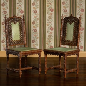 Set of Seven Gothic Revival Carved Oak and Leather Dining Chairs, Possibly French