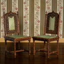 Set of Seven Gothic Revival Carved Oak and Leather Dining Chairs, Possibly French