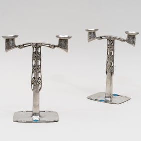 Pair of Archibald Knox for Liberty & Co. Tudric Enamel and Pewter Two-Light Candelabra