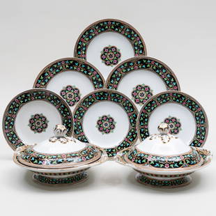 A.W.N. Pugin for Minton Porcelain Service in the 'Black Myrtle' Pattern: A.W.N. Pugin for Minton Porcelain Service in the 'Black Myrtle' Pattern Impressed mark.Comprising:Five dinner platesFour luncheon platesA pair of vegetable dishes and coversThe dinner plates 10 1/4