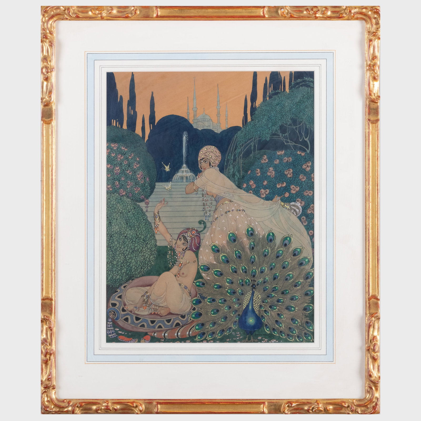 Gerda Wegener (1886-1940): Two Figures and a Peacock: Gerda Wegener (1886-1940): Two Figures and a Peacock Ink and watercolor on paper, 1917, signed 'Gerda Wegener' and dated lower right. 15 x 11 1/4 in. (sight), 22 1/2 x 18 1/2 in. (frame). Sold Sotheby