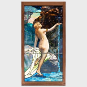 Victorian Enameled and Leaded Glass Window Panel of a Waterfall with Nude