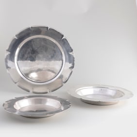 Two Dirk Van Erp Hammered Metal Bowls and a Charger