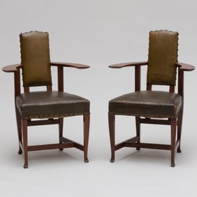Pair of Scottish Arts and Crafts Carved Oak 'Abingdon' Armchairs, George Walton, Glasgow School