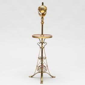 W.A.S. Benson Copper and Brass Standing Oil Lamp with Medial Shelf