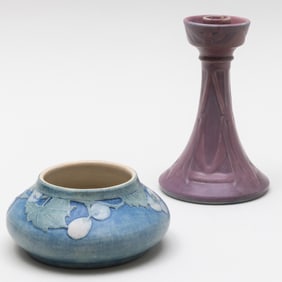 Newcomb College Pottery Bowl Decorated with Cherries and a Mauve Glazed Candlestick