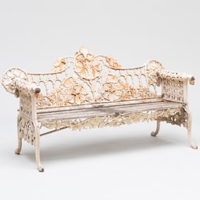 Coalbrookdale White Painted Cast-Iron and Wood 'Oak and Ivy' Garden Bench