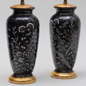 Pair of Napoleon III Black Enameled Glass Baluster Vases Mounted as Lamps
