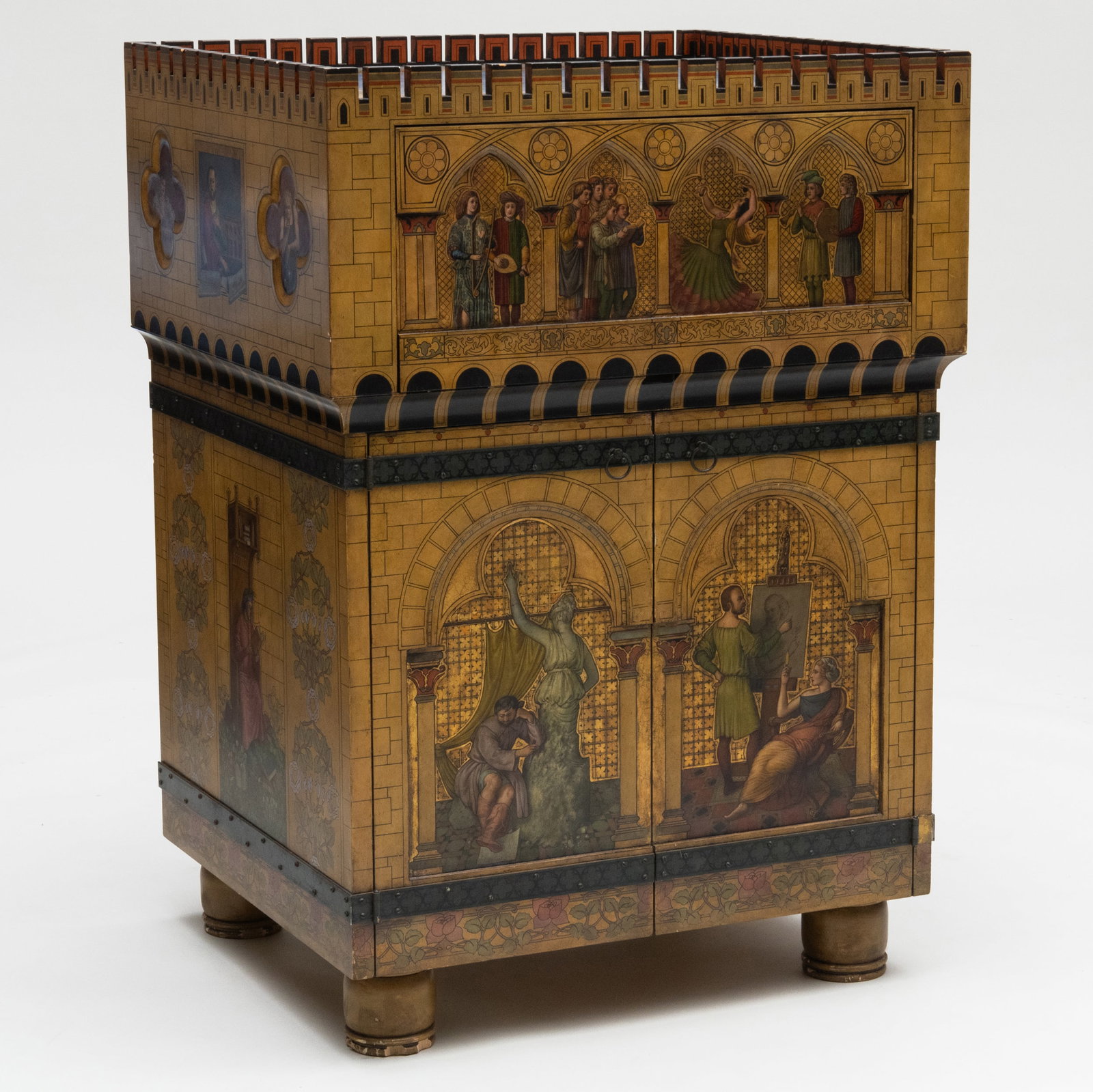 Custom Made Painted Adjustable Television Cabinet in the Style of William Burges: Custom Made Painted Adjustable Television Cabinet in the Style of William Burges Signed on the reverse, 'Paintings, Decorative Work, Designed and Painted by Al Proom.' 4 ft. 2 in. x 36 x 31 in. 6 ft.