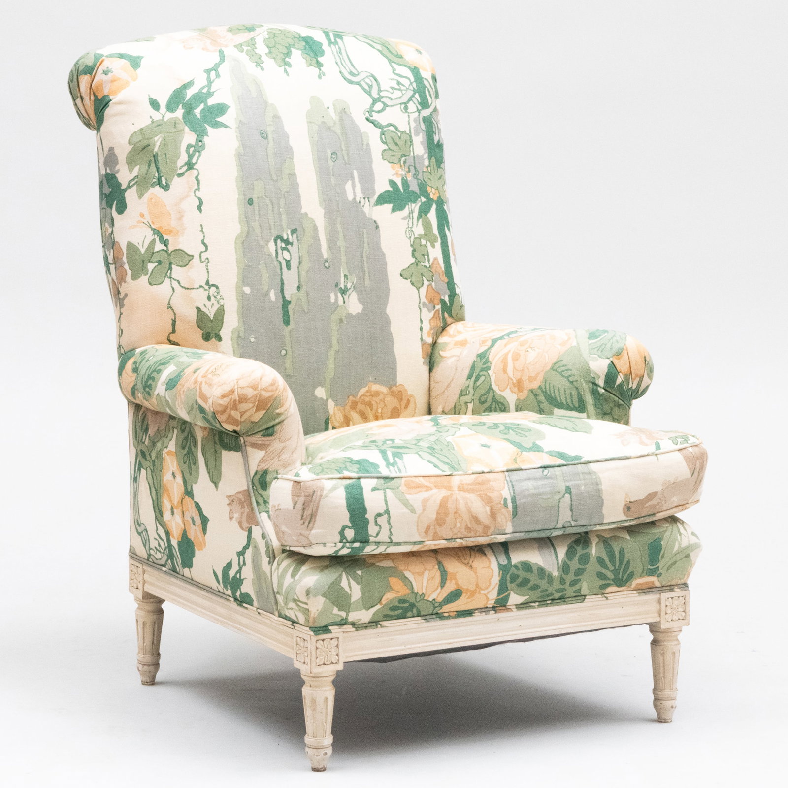 Louis XVI Style Whited Painted and Linen Upholstered Bergère: Louis XVI Style Whited Painted and Linen Upholstered Bergère 39 1/2 x 29 1/2 x 33 1/2 in., seat height 17 1/2 in. The Collection of a Redd Kaihoi Designed Interior
