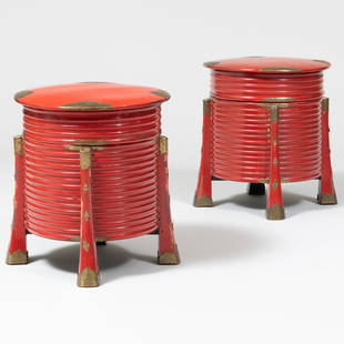 Pair of Japanese Lacquer Drum Form Boxes and Covers: Pair of Japanese Lacquer Drum Form Boxes and Covers17 x 15 in.The Collection of a Redd Kaihoi Designed Interior