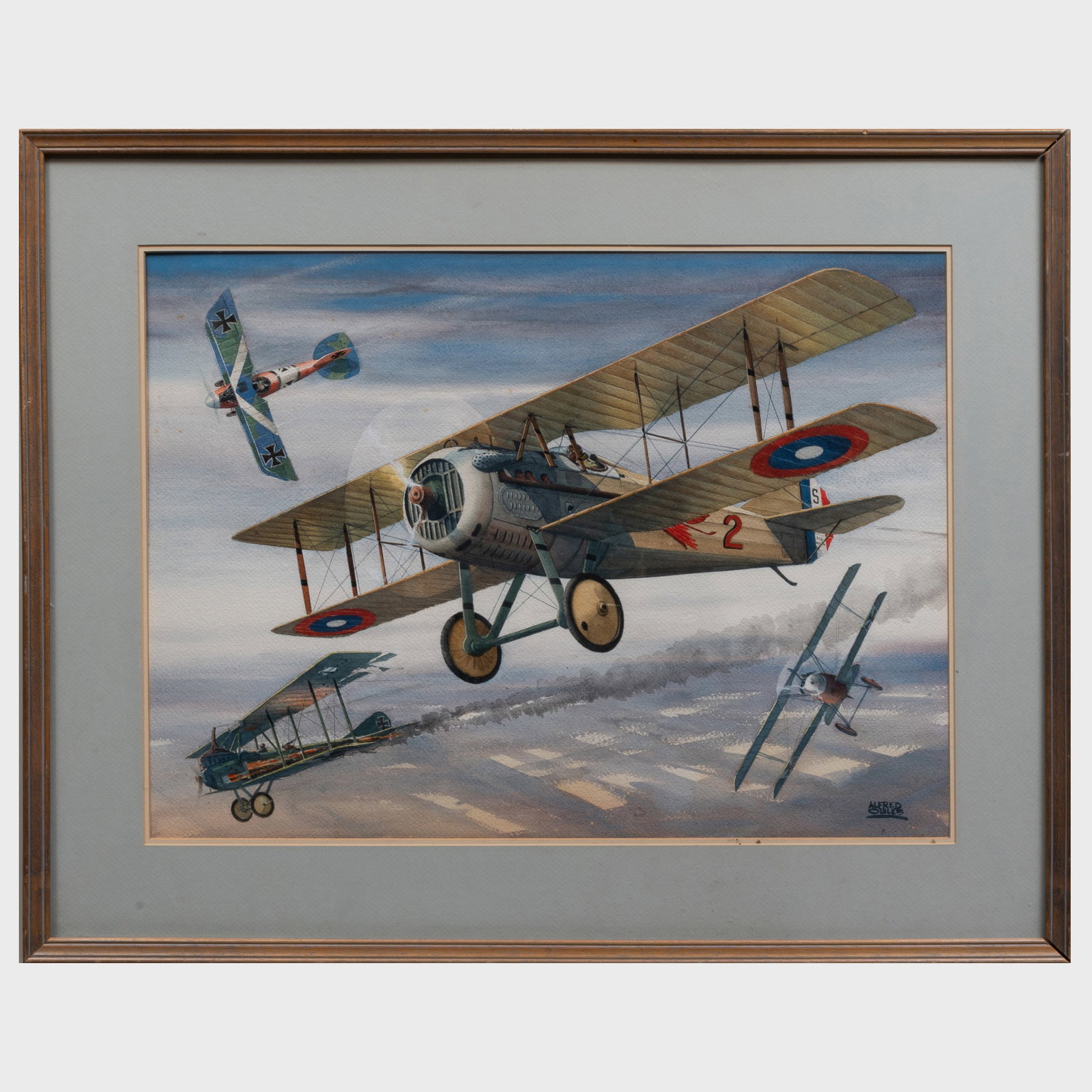 Alfred Owles (1894-1978): French Nieuport versus German Halberstadts; and A Spad Sends a German Down: Alfred Owles (1894-1978): French Nieuport versus German Halberstadts; and A Spad Sends a German Down in Flames Two watercolor on paperboard, both signed 'Alfred Owles' lower right. 24 x 34 in. (sight)