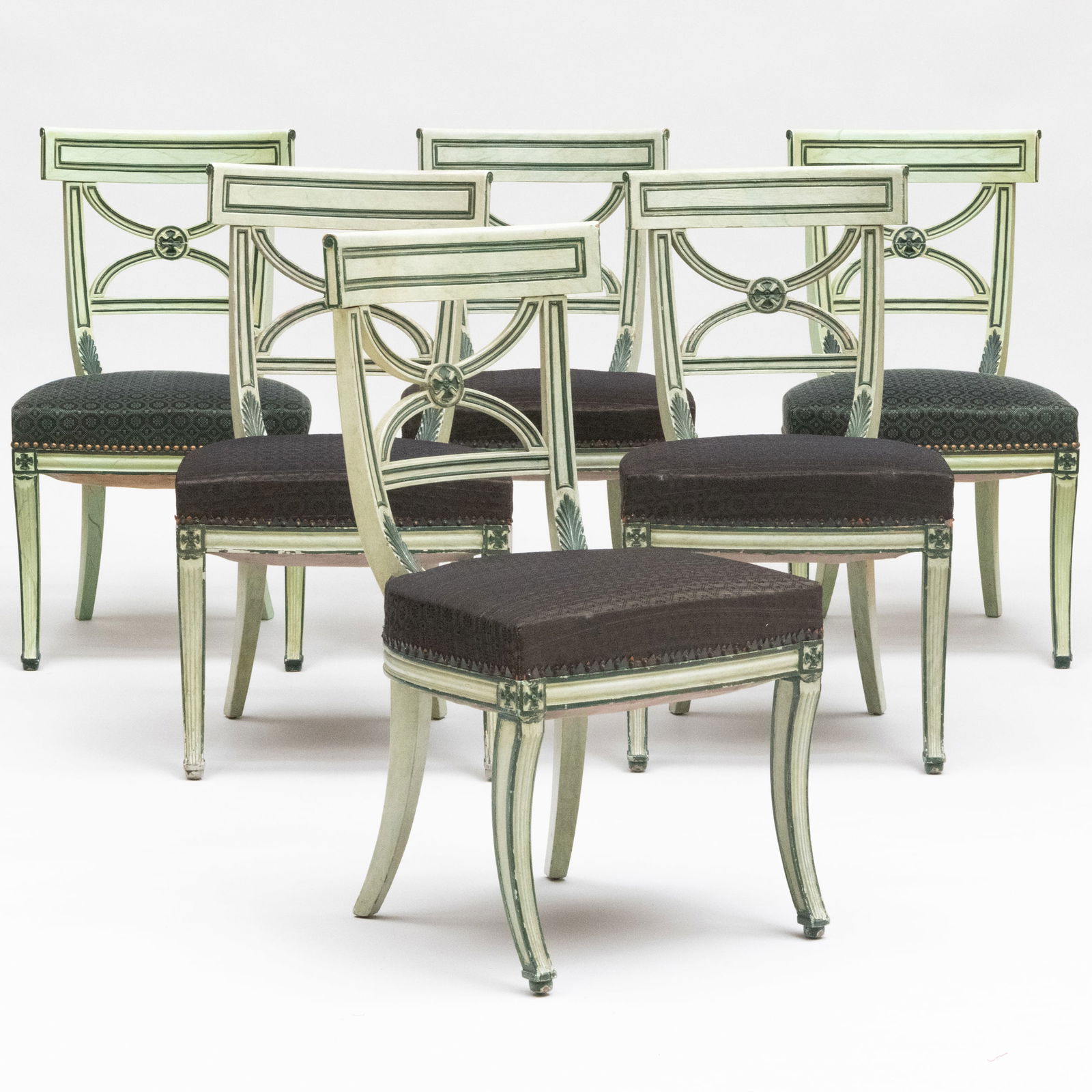 Set of Six Regency Style Green Painted Side Chairs, Upholstered in Horsehair Fabric (1 of 7)