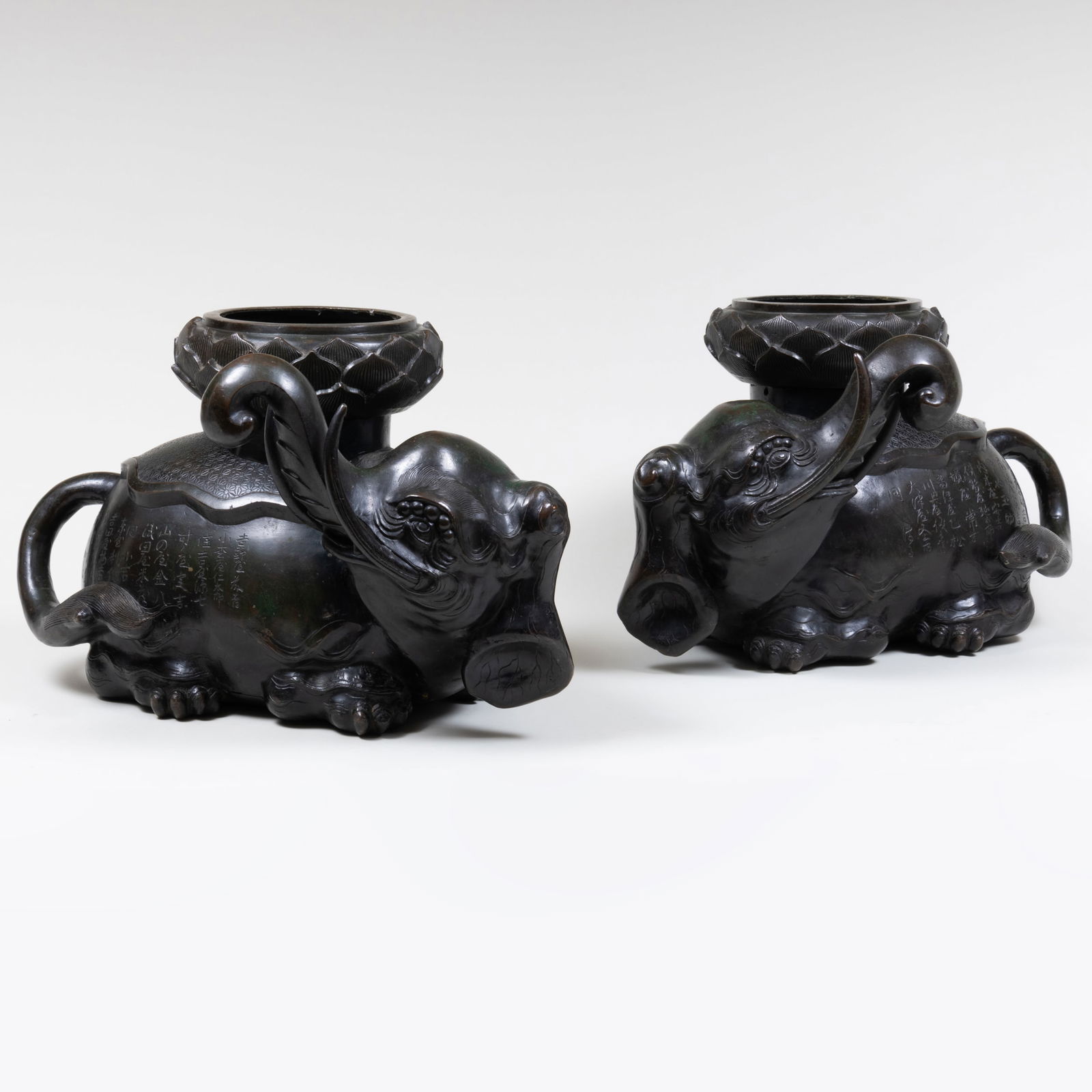 Pair of Japanese Bronze Elephant Form Censers with Lotus (1 of 20)