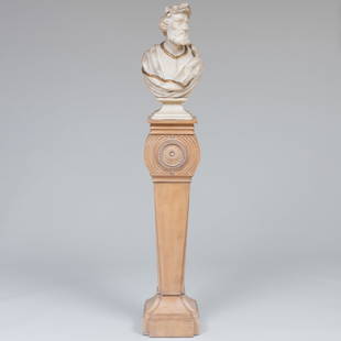 Painted and Parcel-Gilt Wood Bust of St. Louis with Laurel Wreath on Bunny Williams 'Gustave' Faux: Painted and Parcel-Gilt Wood Bust of St. Louis with Laurel Wreath on Bunny Williams 'Gustave' Faux Pine Pedestal St. Louis, 24 1/4 x 13 x 9 in. The pedestal, 45 3/4 x 12 x 12 i