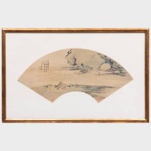 After Liu Kuiling (1885-1967): Fisherman Fan Painting: After Liu Kuiling (1885-1967): Fisherman Fan Painting Ink and color on silk. 15 3/4 x 24 1/2 in (frame). Sold Doyle NY, September 29, 2020, Lot 159. The Collection of a Redd Kaihoi Designed Interio