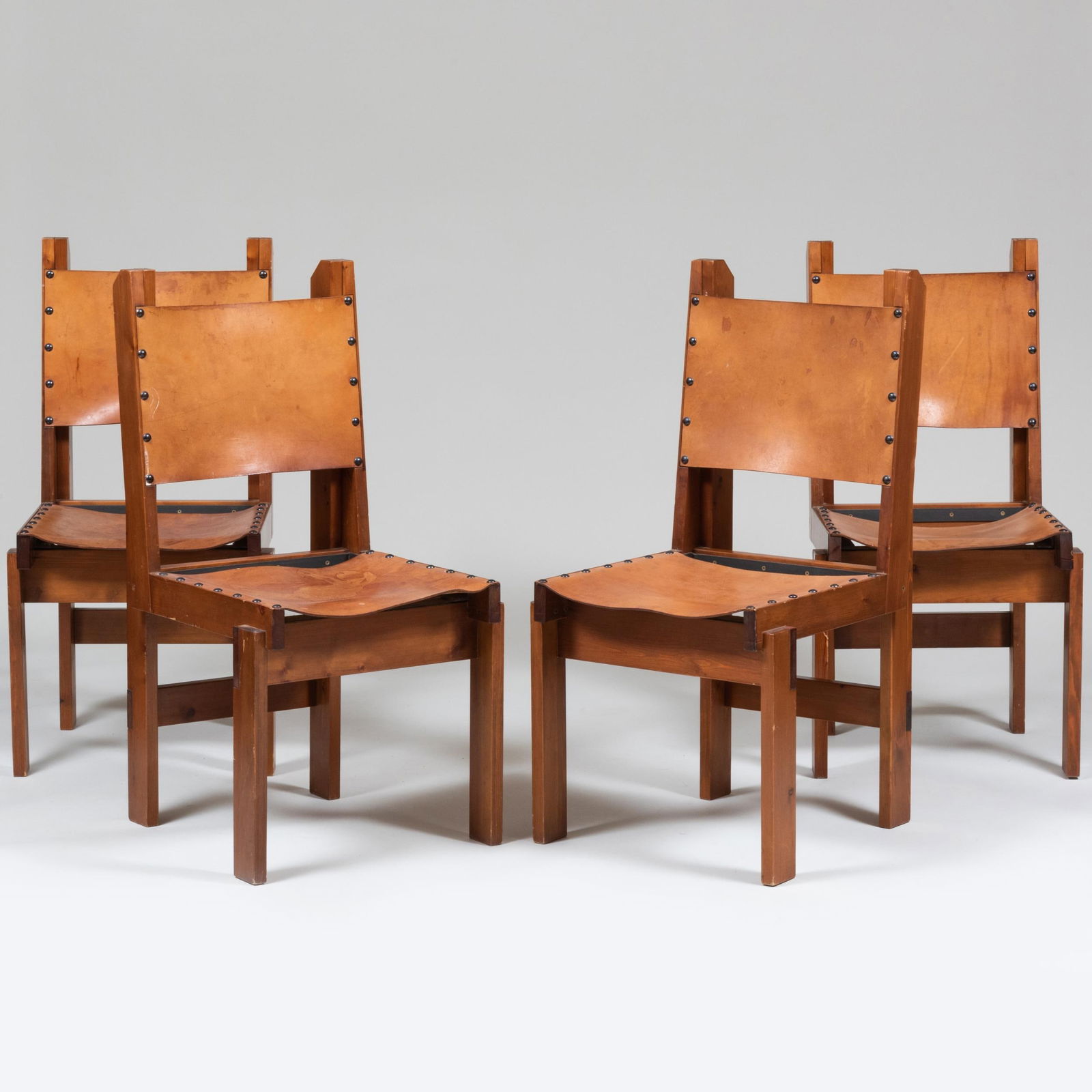 Set of Four Modern Pine and Leather Dining Chairs in the Style of Pierre Chapo (1 of 10)