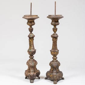 Pair of Continental Baroque Style Gilt Pressed Metal Pricket Sticks