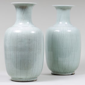 Pair of Modern Celadon Crackle Glazed Porcelain Vases