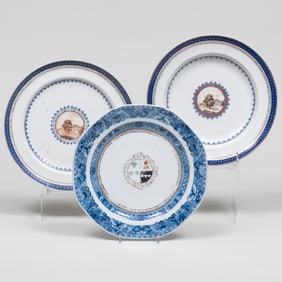 Pair of Chinese Export Porcelain European Subject Plates and an Armorial Plate