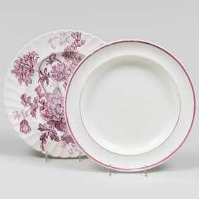 Set of Six Neale & Bailey Puce Decorated Creamware Plates and a Set of Seven Clarice Cliff Porcelain