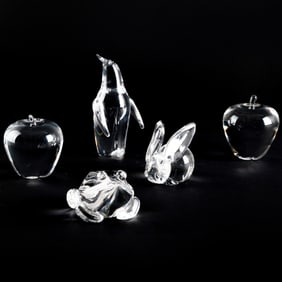 Group of Three Steuben Glass Animals and Two Apples