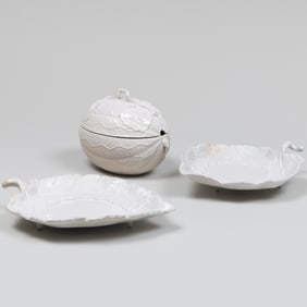 Staffordshire Salt Glazed Earthenware Melon Form Tureen and Two Stands