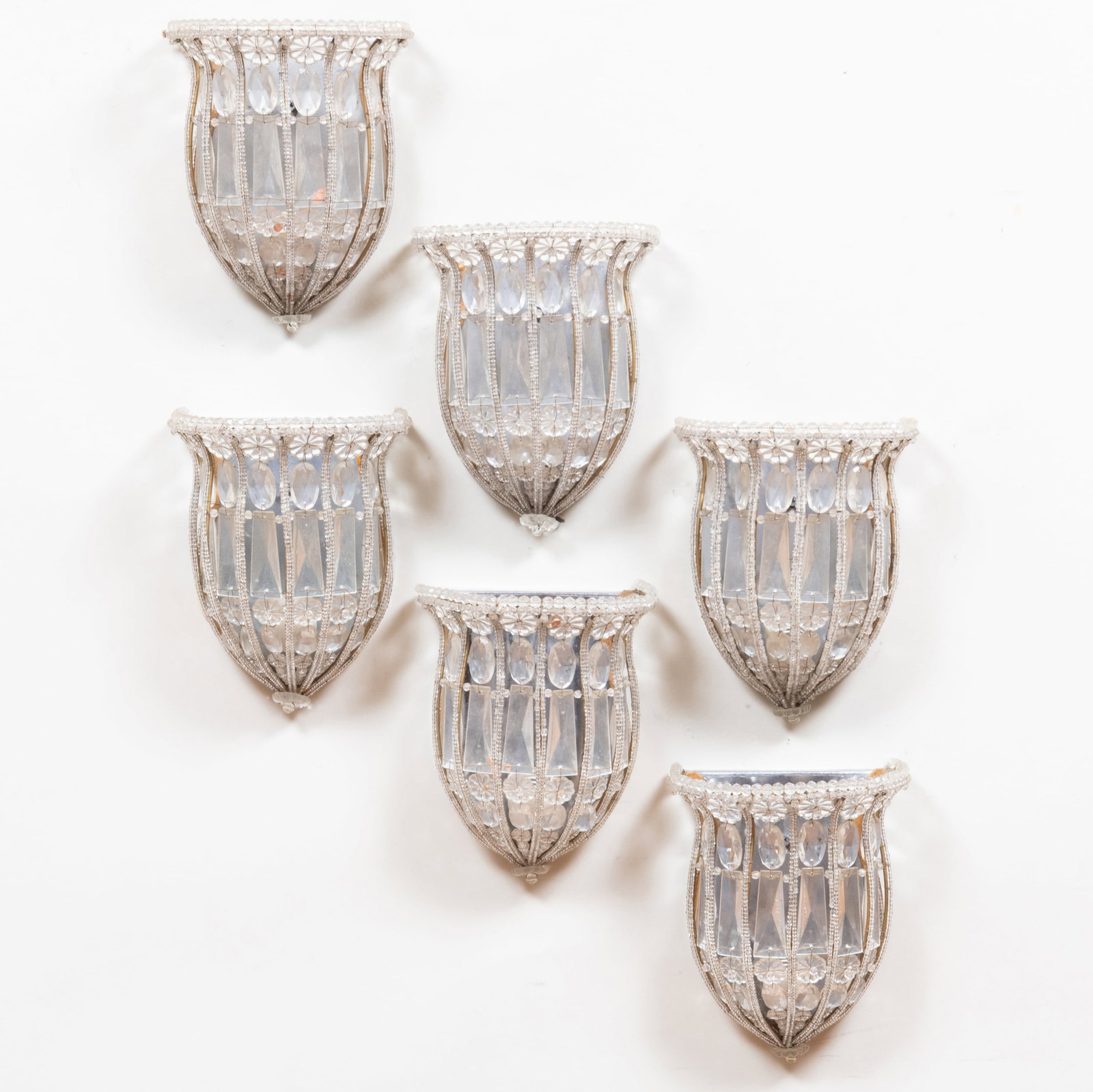 Set of Six Cut and Beaded Glass Wall Lights: Set of Six Cut and Beaded Glass Wall Lights 5 x 9 1/2 x 5 1/2 in.
