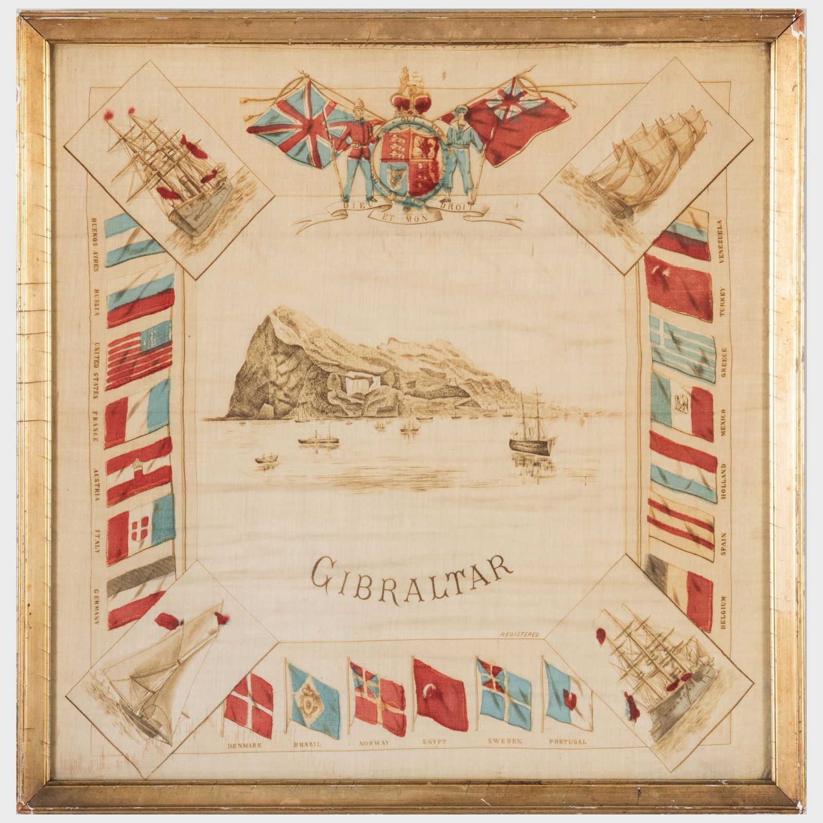 English Printed Silk Handkerchief Commemorating Gibraltar (1 of 2)