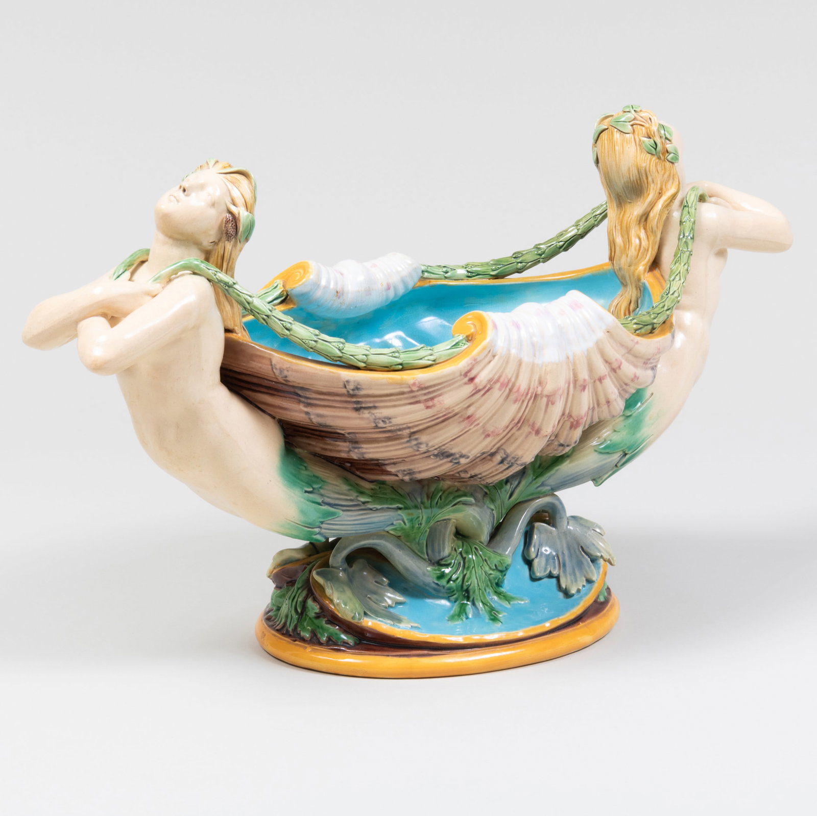 Mintons Majolica Centerpiece Bowl: Mintons Majolica Centerpiece Bowl Impressed mark. 10 x 17 x 7 1/2 in. The Collection of Jordan Saunders.