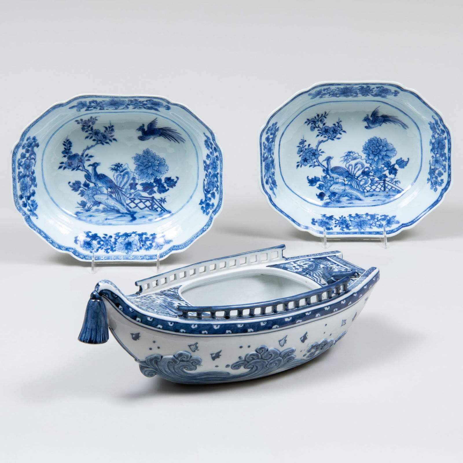 Pair of Chinese Blue and White Porcelain Serving Dishes and a Boat Form Dish (1 of 11)