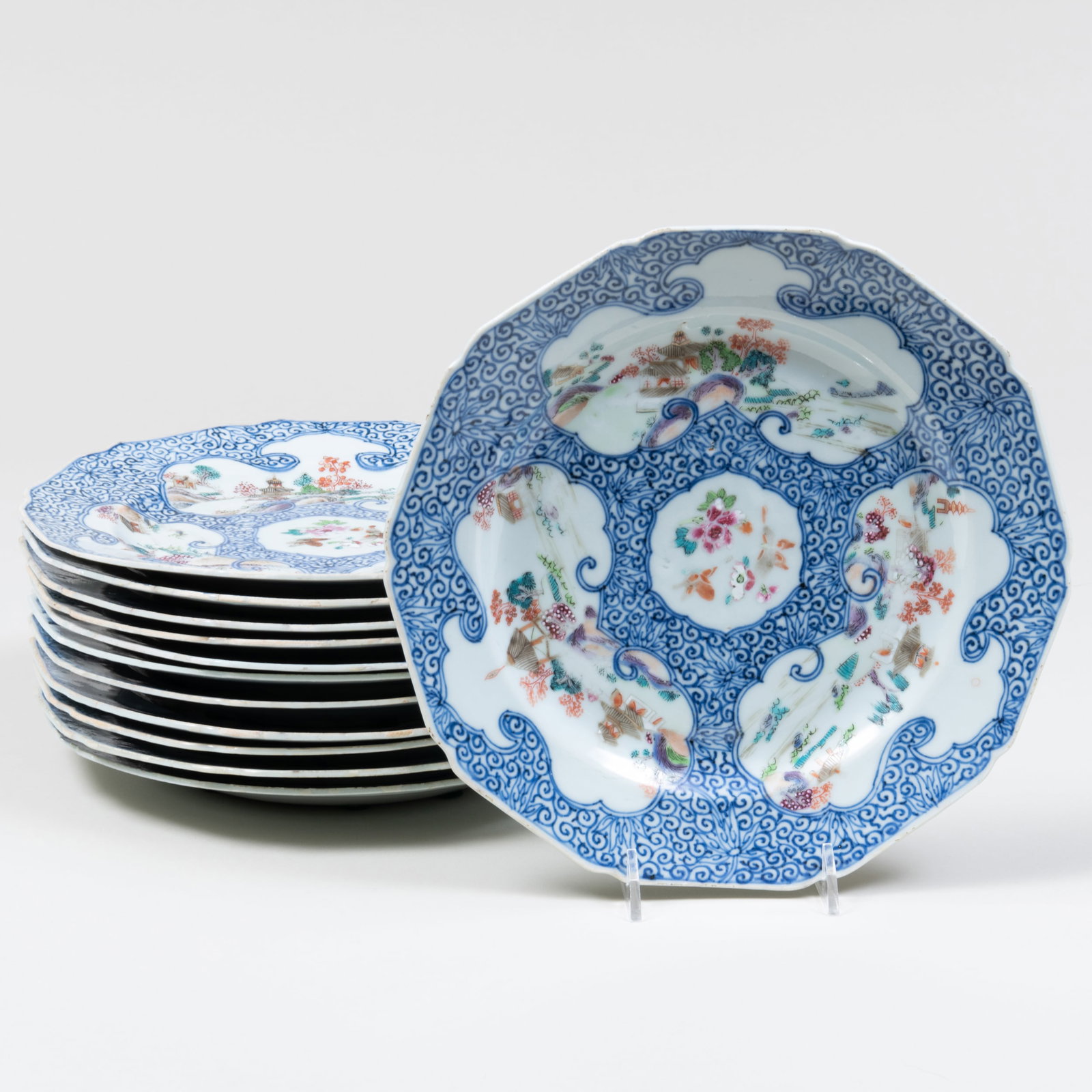 Set of Twelve Chinese Export Blue and White Famille Rose Porcelain Plates: Set of Twelve Chinese Export Blue and White Famille Rose Porcelain Plates Unmarked. 9 in. diam. Sold Christie's New York, January 28, 2013, Lot 481. The Collection of Jordan Saunders.