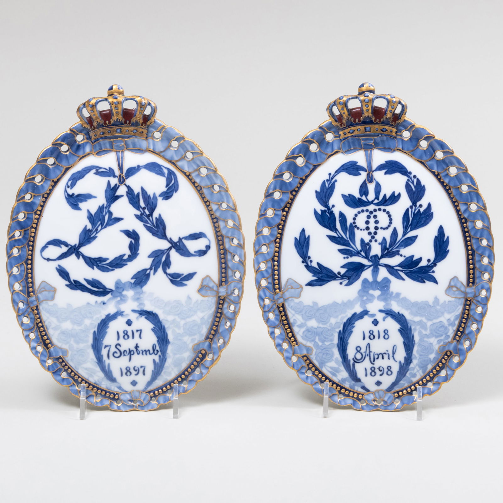 Two Arnold Krog for Royal Copenhagen Porcelain Royal 80th Birthday Commemorative Plaques: Two Arnold Krog for Royal Copenhagen Porcelain Royal 80th Birthday Commemorative Plaques Each with triple blue wave marks. Comprising: Queen Louise, September 7, 1817-1897 King Christian IX, April 8,