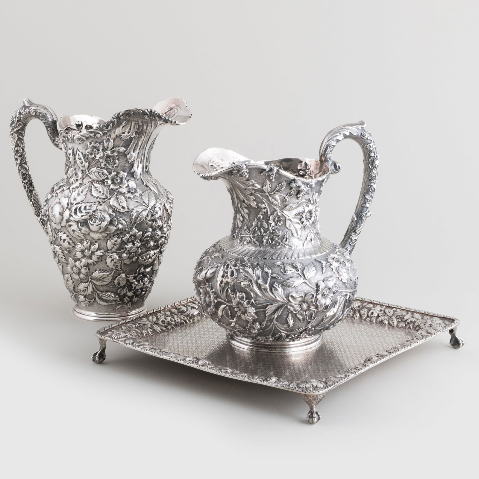 Two American Silver Flower Repousse Water Pitchers and a Tray (1 of 12)