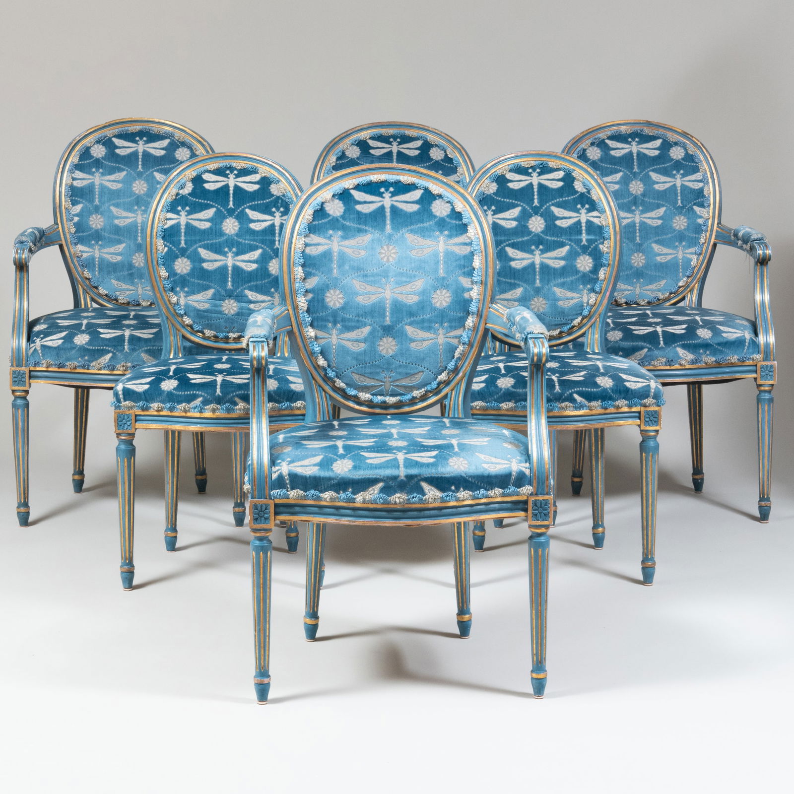 Set of Four Louis XVI Style Blue Painted and Parcel-Gilt Armchairs and Two Side Chairs, Modern (1 of 7)