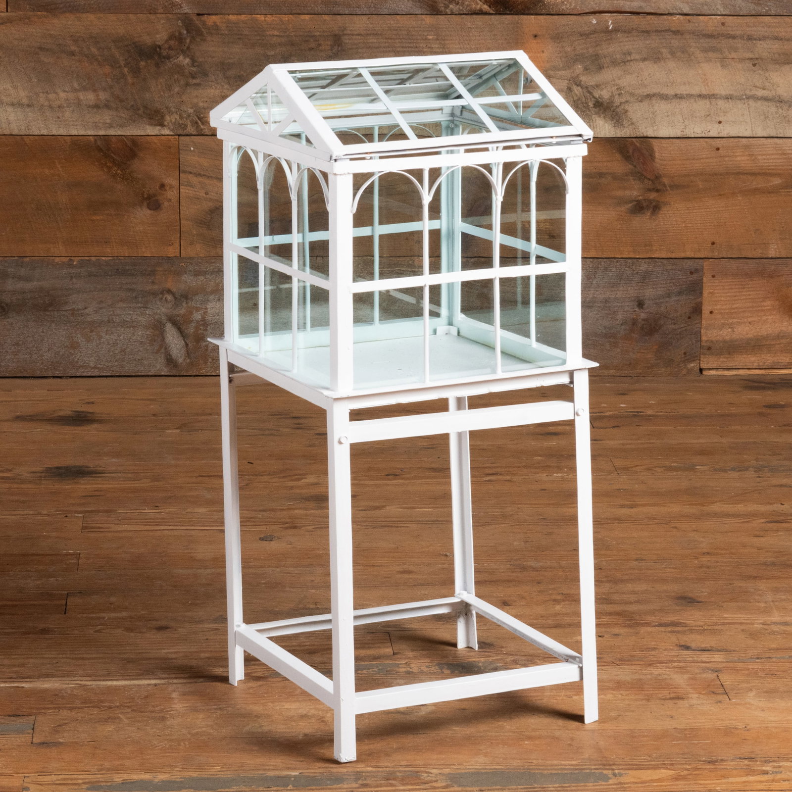 White Painted Metal and Glass Terrarium: White Painted Metal and Glass Terrarium 36 x 16 x 16 in. overall.