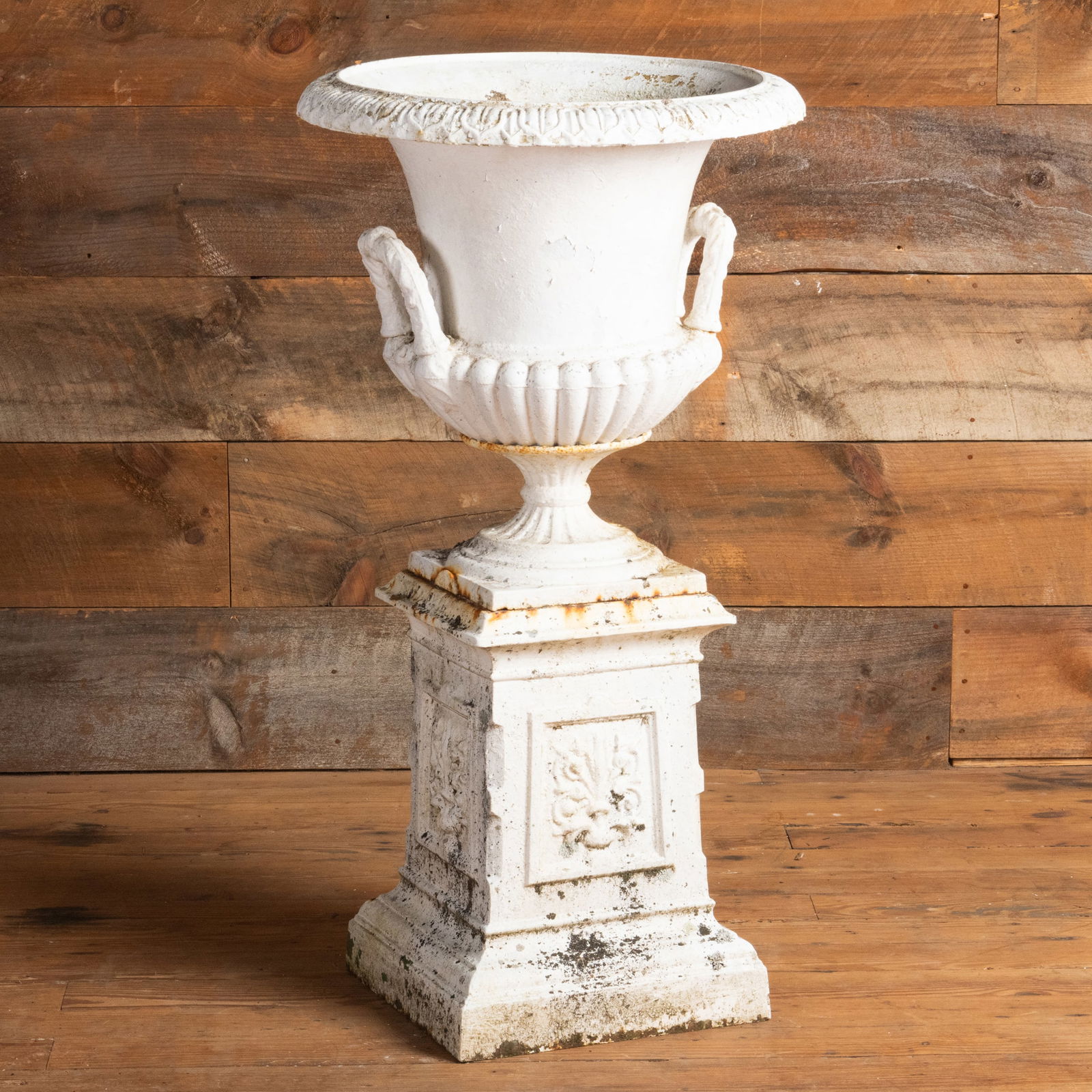 Large White Painted Cast-Iron Garden Urn on Plinth Base, Stamped John McLean, N.Y.: Large White Painted Cast-Iron Garden Urn on Plinth Base, Stamped John McLean, N.Y. In two parts. 45 1/2 x 25 1/2 in. diam.