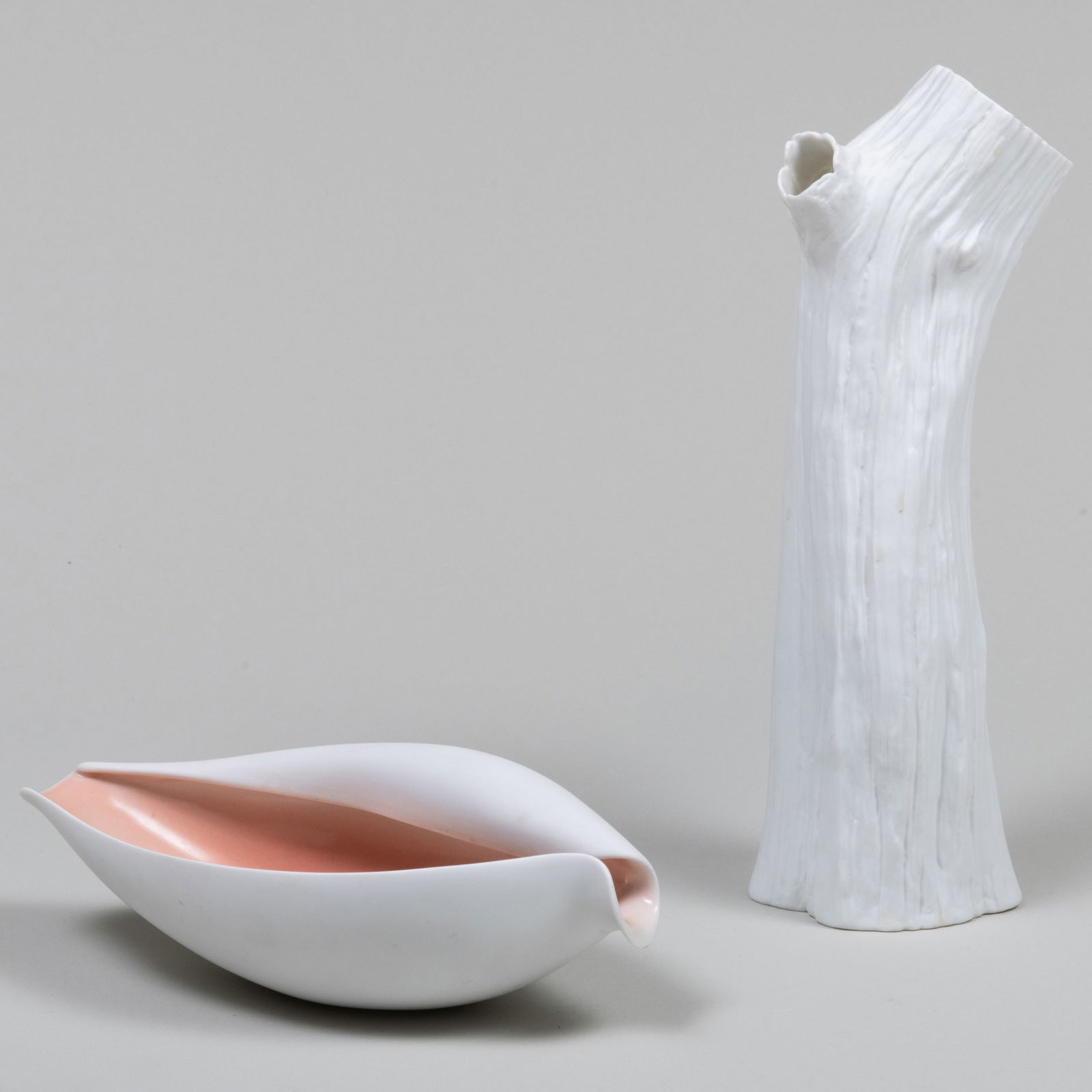 Nymphenburg Porcelain Model of a Tree Trunk and a Model of a Shell: Nymphenburg Porcelain Model of a Tree Trunk and a Model of a Shell The tree 10 in. high, the shell 8 in. long.