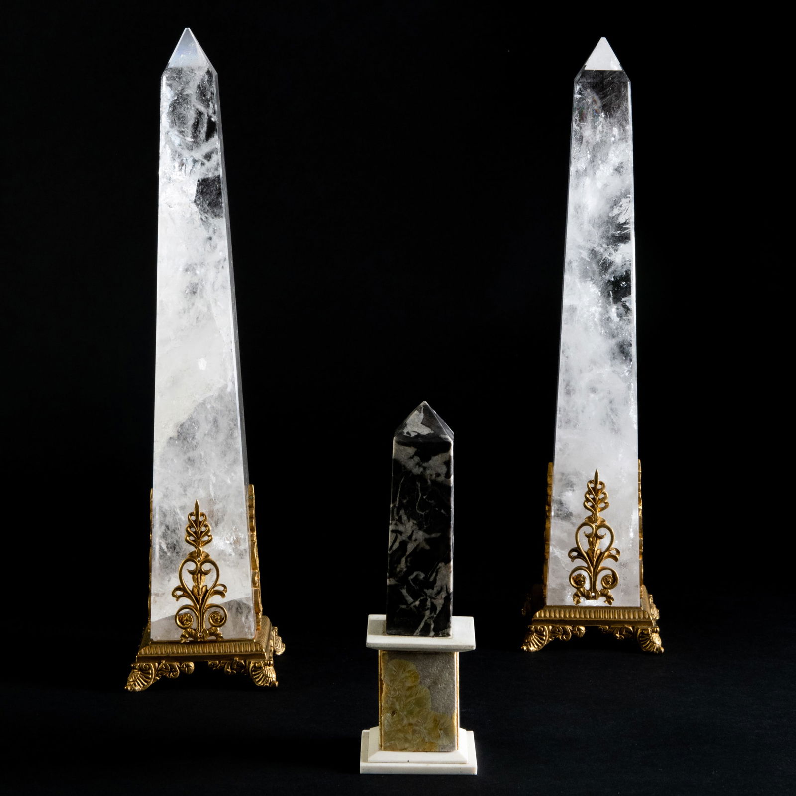 Pair of Ormolu-Mounted Rock-Crystal Obelisks and a Small Marble Obelisk (1 of 12)
